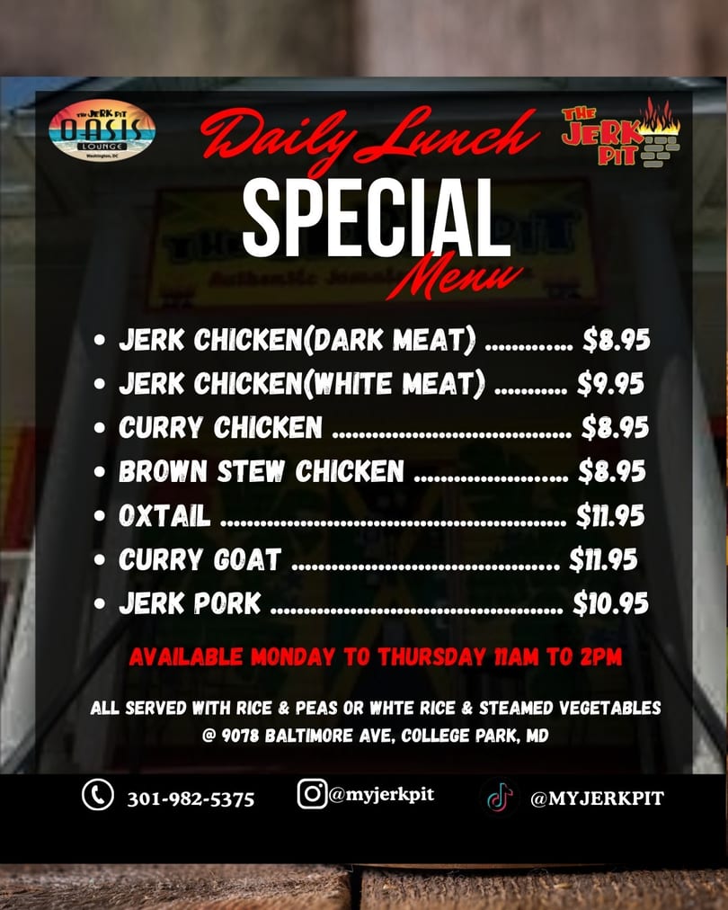 The Jerk Pit's daily lunch special menu featuring various jerk and curry dishes with prices.