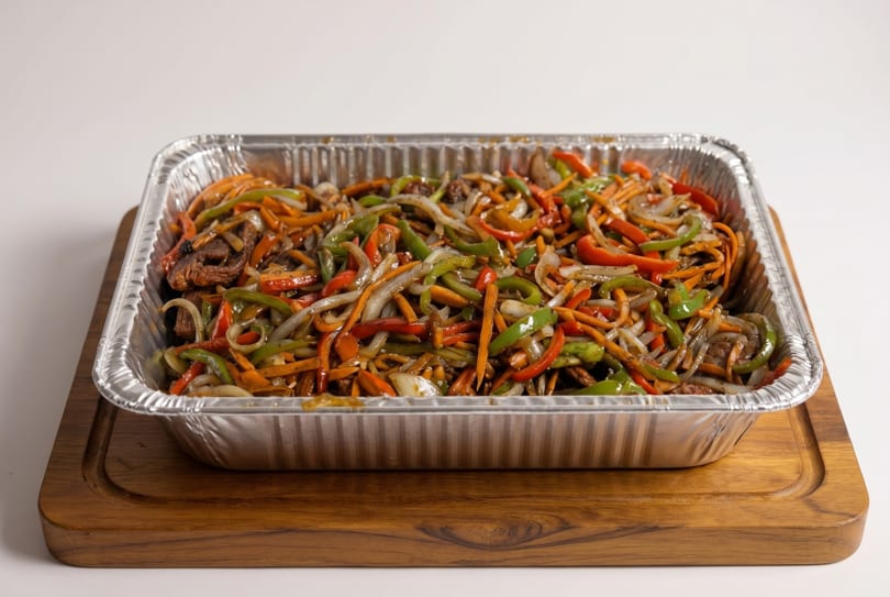 A foil catering pan filled with colorful stir-fried beef, peppers, onions, and carrots on a wooden board.